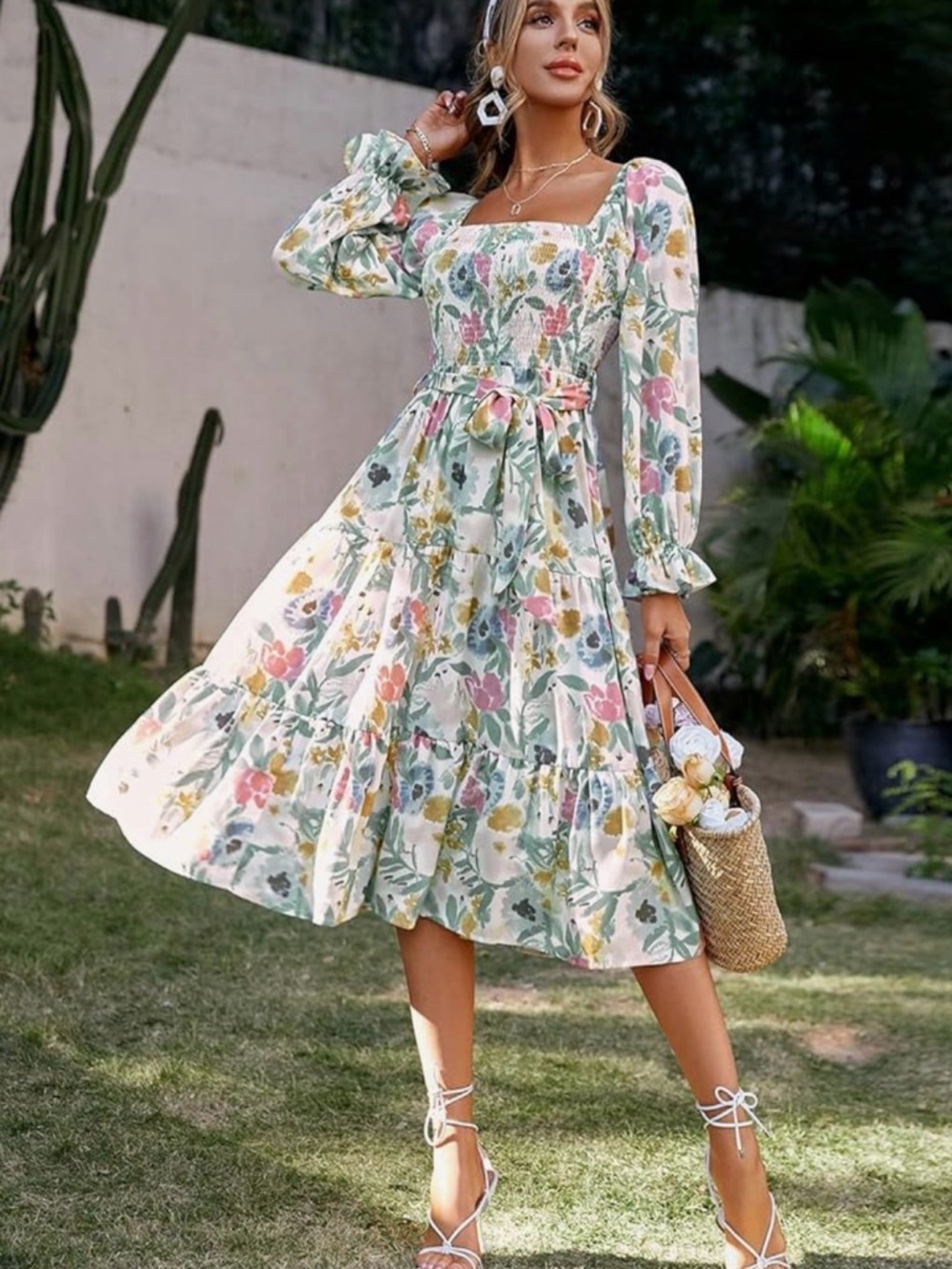 Floral Square-Neck Long Sleeve Midi Dress - Pastel Floral. Ladies size 8.